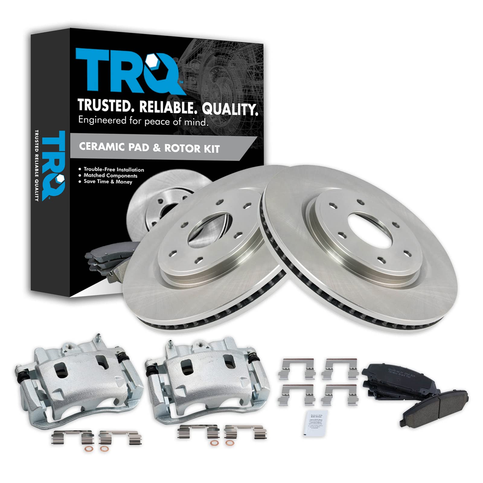 TRQ Front Brake Pad & Rotor Kit Brake Caliper Brake Pads Brake Rotor Ceramic Vented Compatible with 2006 INFINITI QX56 Nissan Armada Image