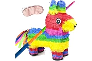 GIFTEXPRESS 16" Rainbow Donkey Pinata with Full-Size 33" Pinata Stick and Blindfold- Mexican Theme Party Decoration for Birthdays, Fiestas & Cinco de Mayo - 16 x 13 x 4.5 Inch Kids Party Favors