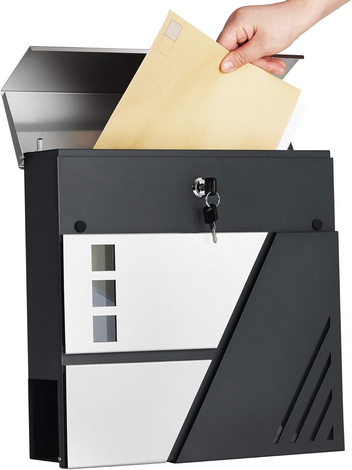 SONGMICS GMB053G01 Wall Mounted Letter Box with Viewing Windows, Stainless Steel, for Gate Front Door, with Lock and Keys - Image 4