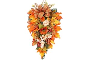 PRTECY 21.7Inch Artificial Fall Harvest Teardrop Swag for Front Door Thanksgiving Teardrop Wreath with Maple Leaves Berry Autumn Floral Swag for Home Wall(No Light)