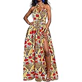 Vimoisa Women Sexy Boho African Long Maxi Dress V-Neck Multi-Way Pleated Floral Print Dresses