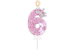 Pink Number Birthday Candle, 6th Sixth Six Glittery Crown Butterfly Sparkling Sequin Cake Topper Decorations for Birthday Par