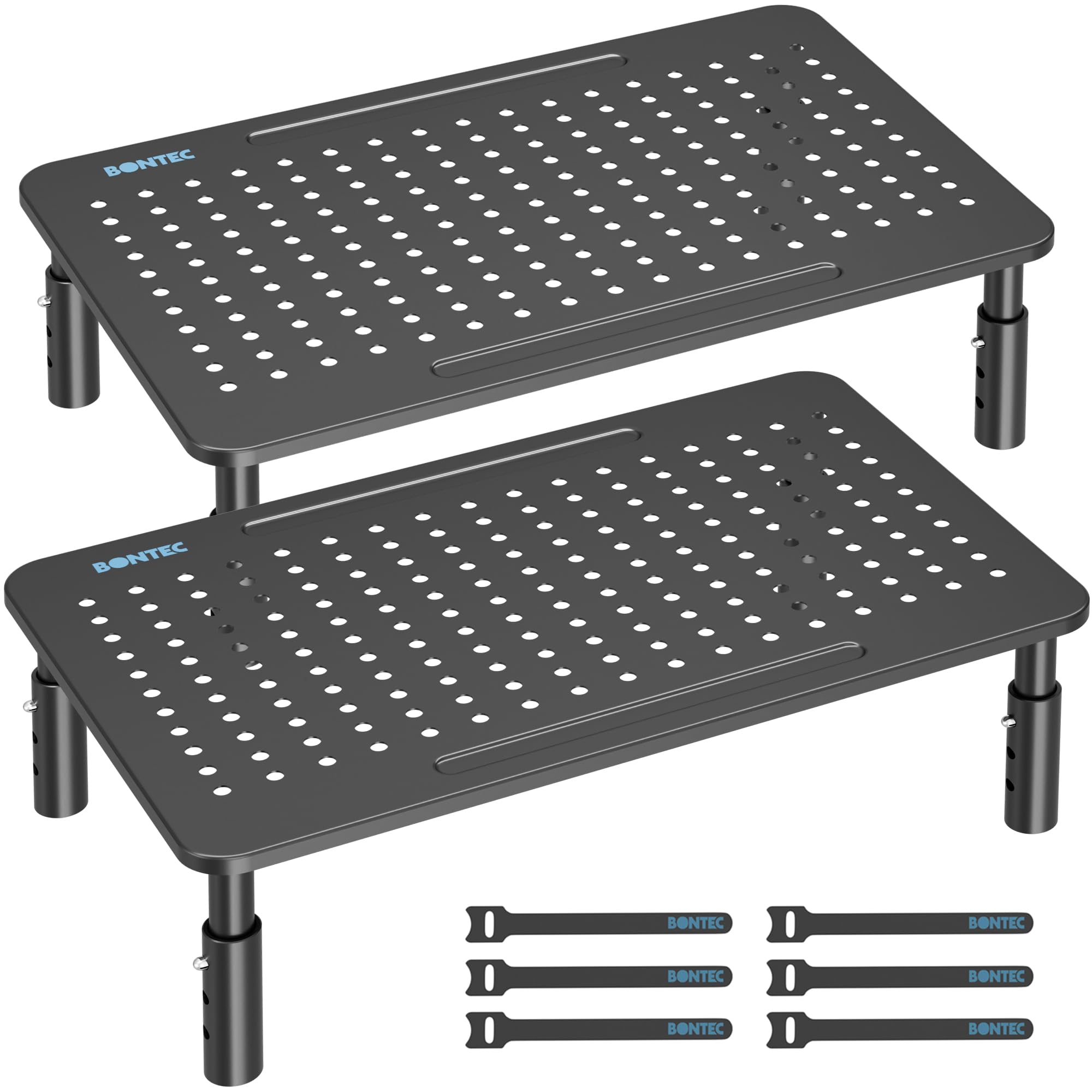 BONTEC Metal Monitor Stand, Adjustable Height Riser for Desk, Ergonomic 3-Level Desk Organizer with Cable Management, Laptop & Computer Monitor Stand up to 20KG, 2 Pack