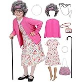 jiobabe 17pcs Old Lady Costume for Kids Girls 100 Day of School Costume Girls Grandma Costume Dress Up with Accessories