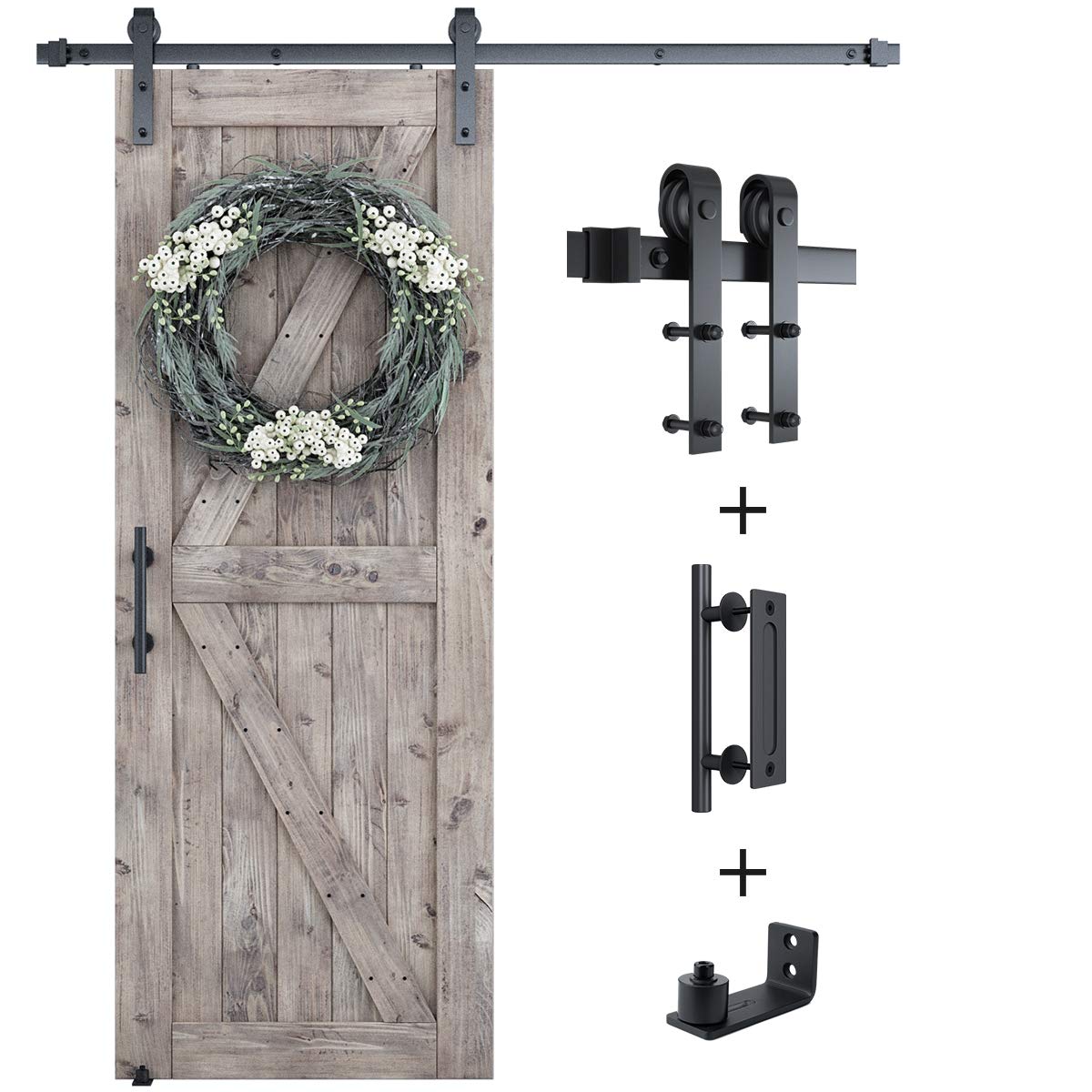 SMARTSTANDARD 6FT Sliding Barn Door Hardware Whole Kit (Include 6ft Track Kit & Pull Handle Set & Floor Guide), Smoothly and Quietly, Easy to Install, Fit 36" Wide Door Panel (J Shape) Image