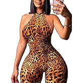 Mandonce Womens Jumpsuit Leopard Print Hanging Neck Sleeveless Backless Cheetah Print Capri Pants Sexy Romper Summer Clubwear