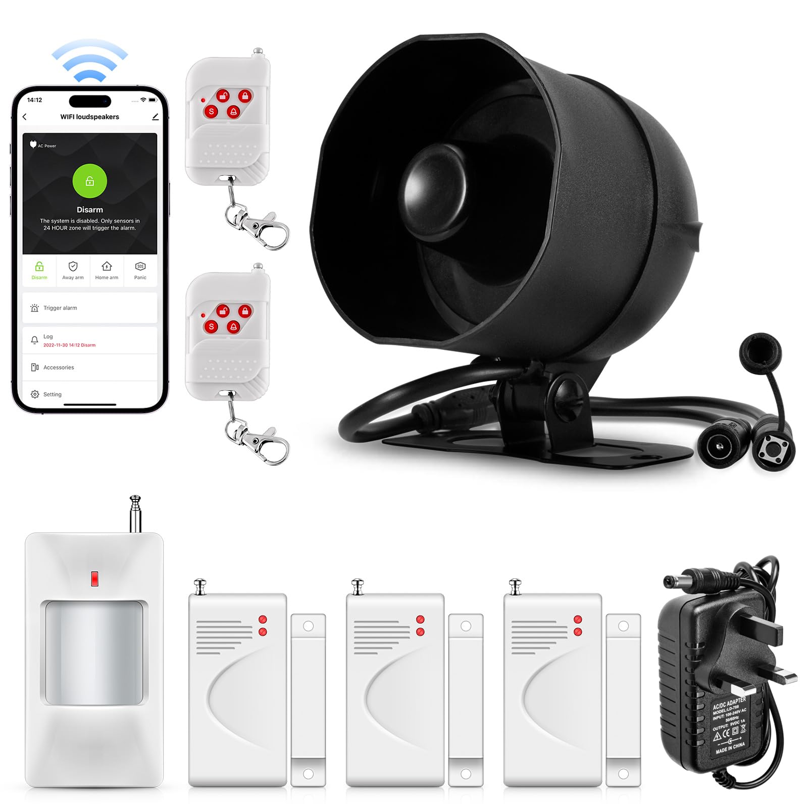 Wifi Wireless Security Burglar Door Alarm System Kit for Garage Shed House Hotel Shop Apartment, Weatherproof Siren Horn with Remote Control Door Contact Sensor,Motion Sensor,APP Remote Control