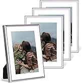 Fkvat 5x7 Picture Frame Set of 4, Matted Silver Simple Modern Brushed Thin Aluminum Metal Photo Frame Fits 3x5 and 4x6 with Mat or 5 x 7 without Mat . Vertical and Horizontal for Tabletop and Wall Mounting
