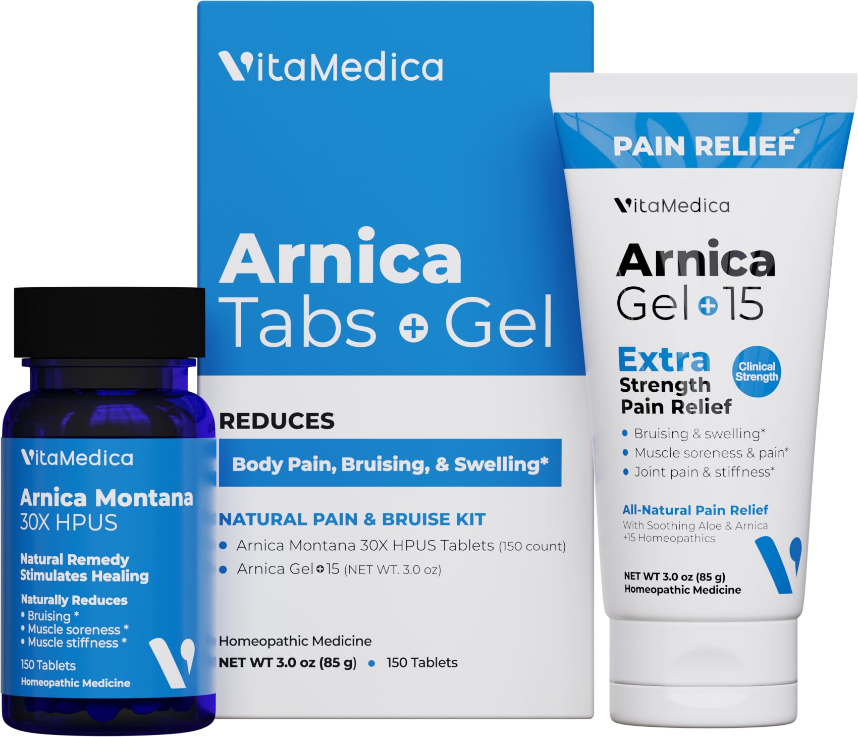 VitaMedica Arnica Montana Tablets & Arnica Gel Bundle for Natural Pain, Bruising, and Swelling - 150 Rapid Dissolve Tablets / 3 Ounce Water-Based Gel - Made in USA