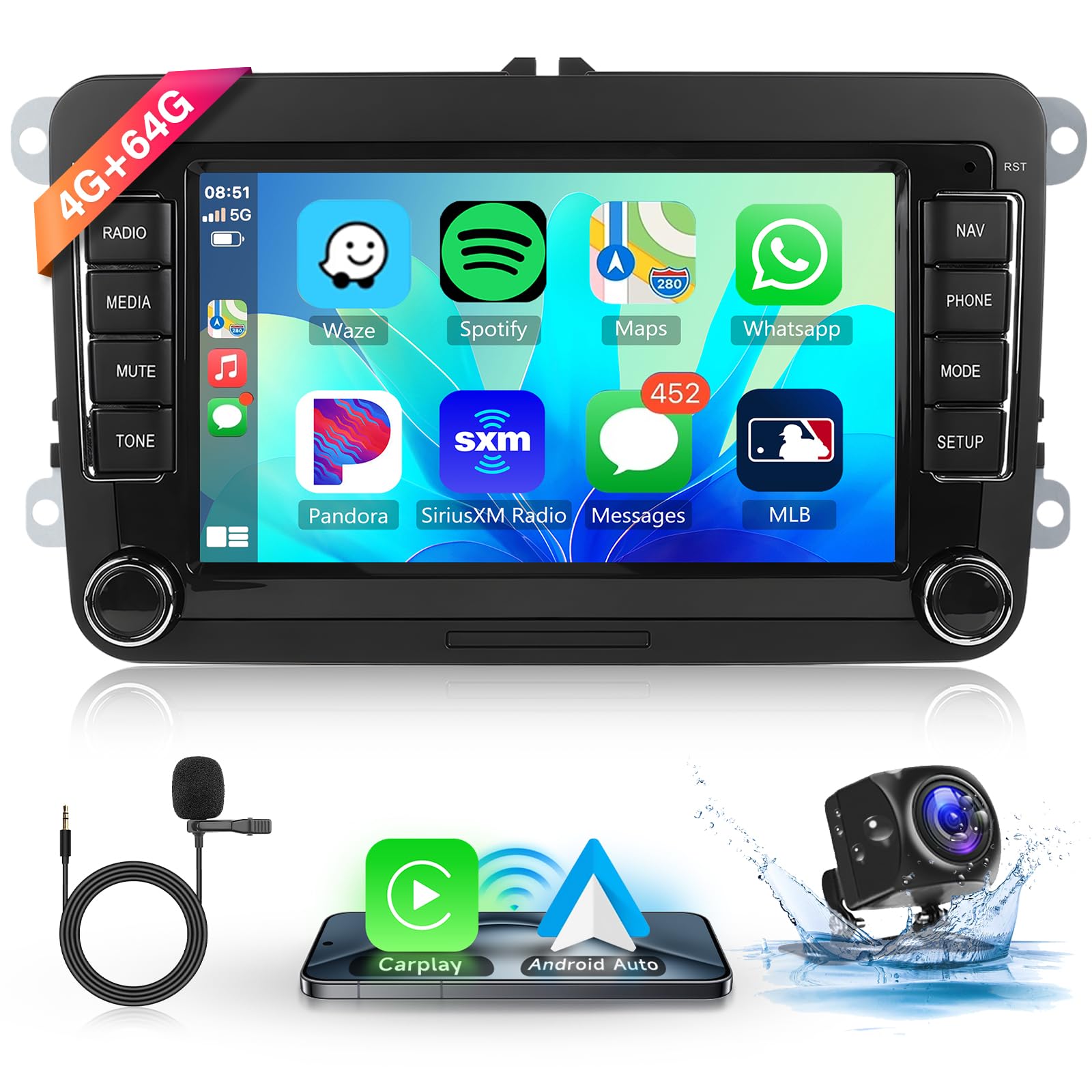 4G+64G Android Car Radio for VW Polo Passat Caddy Golf Jetta Beetle Tiguan Touran for Seat Altea Skoda with wireless CarPlay Android Auto,Hodozzy 7 Inch Touchscreen Car Stereo with Bluetooth/GPS/WiFi