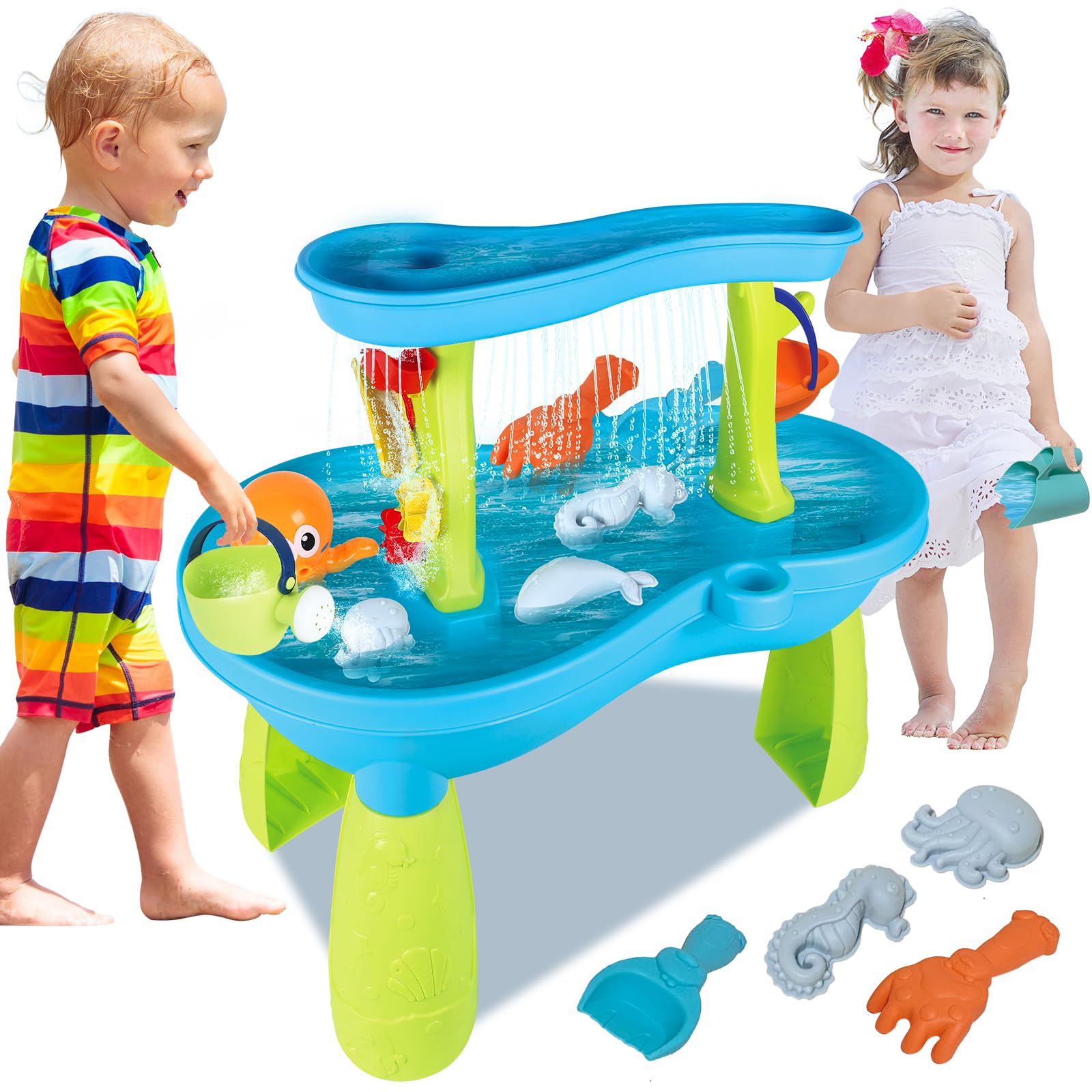 deAO Sand and Water Table for Kids, 2-Tier Sand Pit Outdoor Activities Play Table for Toddlers, Sand Water Toys Summer Beach Toys Backyard Garden Toys for Girls Boys 3+ Years Old