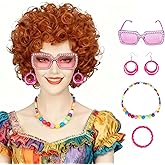 FYXZHUO Women Short Curly Orange Red Wigs with Necklace Earrings Bracelet and Sunglasses for Halloween Costume Party Cosplay Wig