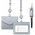 Office Badge Holder - Boshiho Genuine Leather Credit ID Card Holder with Stretch Neck Lanyard and Pen Clip (Horizontal-Grey)