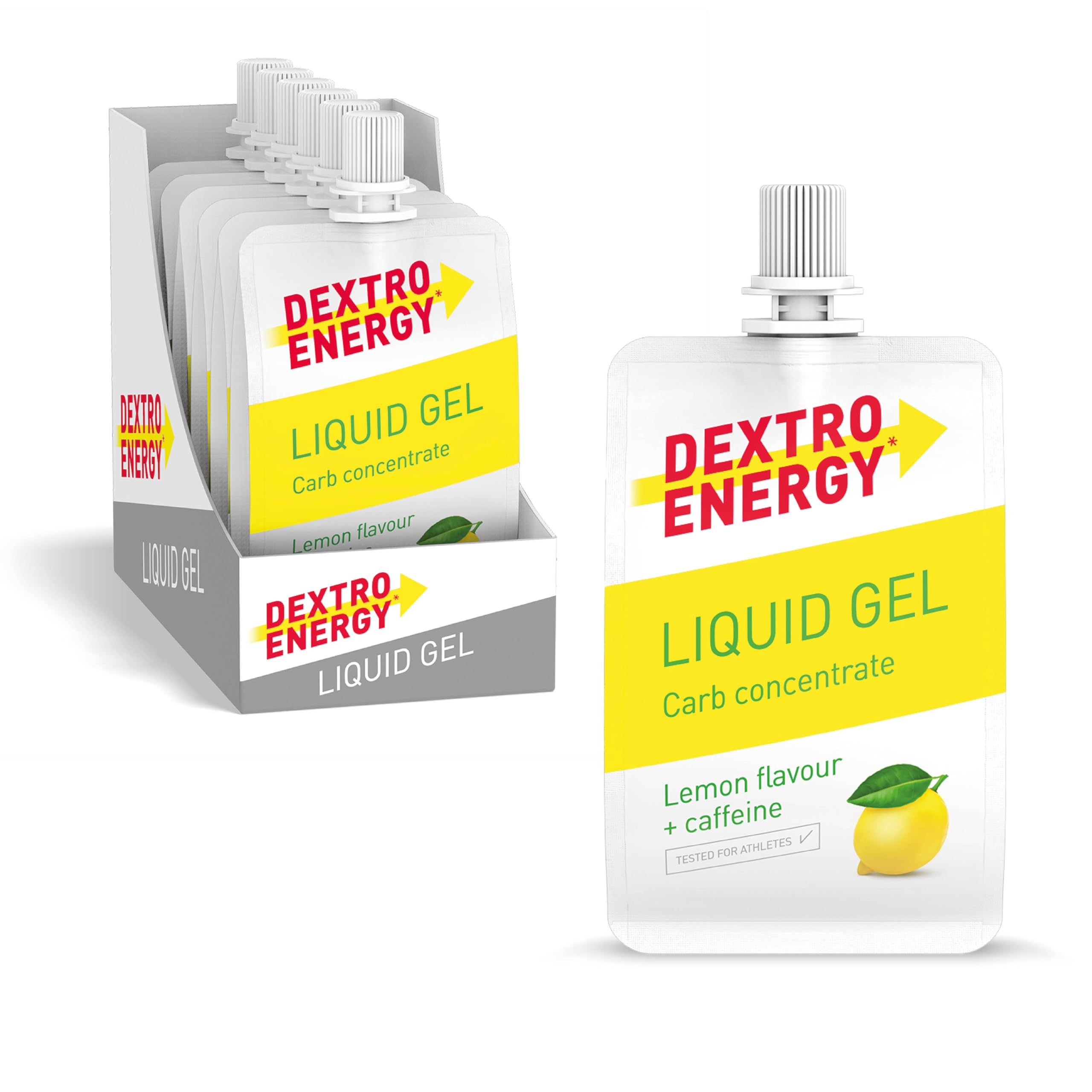 Dextro Energy Lemon Energy Gel | NON-Sticky Fast Acting Drinkable Liquid Energy | a Quick Burst of Glucose with Caffeine | 28g of Carbohydrates | For Running or Cycling | Vegan I Pack of 12