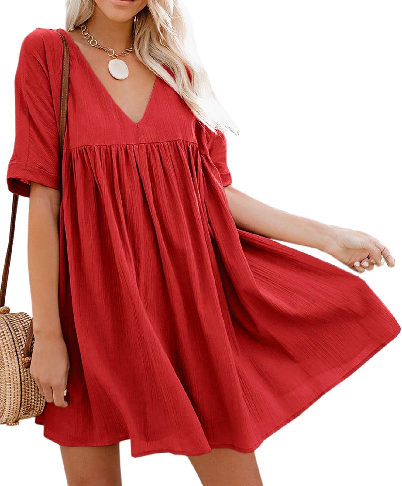 Women's Short Sleeve V Neck Pleated Babydoll Solid Color Tunic Party Swing Mini Dress