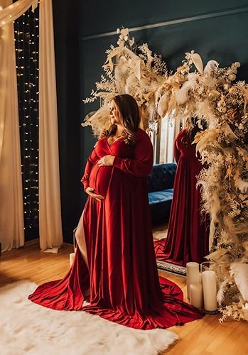 Bodycon Outfit White Velvet Maternity Dress Maternity Gown Bishop Sleeves  Baby Shower Dress Wrap Side Slit