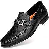 Black Luxury Men's Leather Dress Shoes, Fashion Classic Ostrich Printed Business Shoes Casual Buckle Party Wedding Penny Loafer Shoes for Men