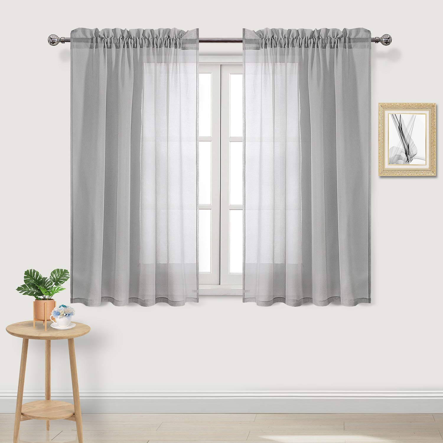 DWCN Grey Sheer Curtains Semi Transparent Voile Rod Pocket Curtains for Bedroom and Living Room, 52 x 54 inches Long, Set of 2 Panels
