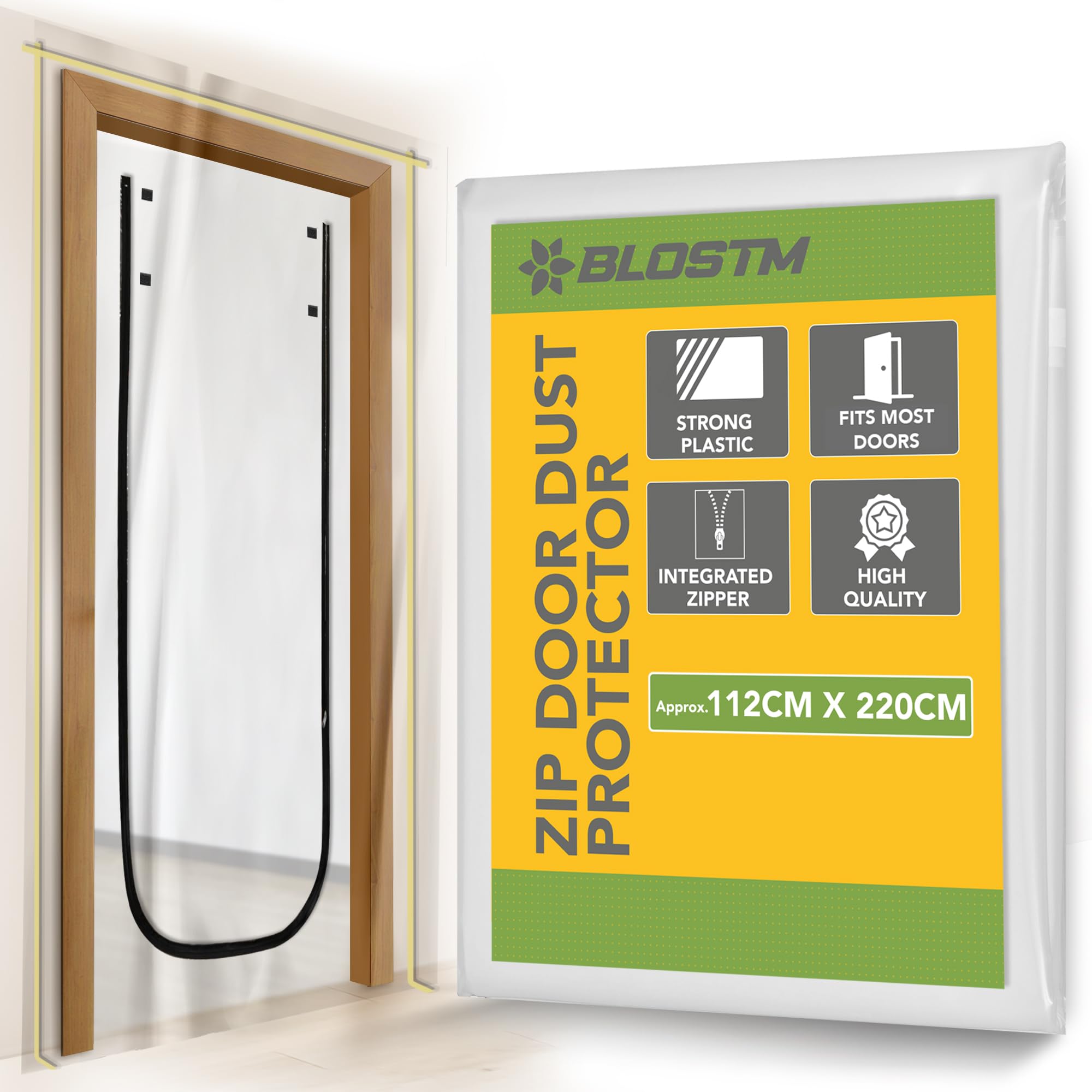 BLOSTM Dust Door Cover with Zip - Clear Door Protector, Plastic Dust Sheet Curtain for Doors, U Shaped, Zipper, Easy Installation (112cm x 220cm)
