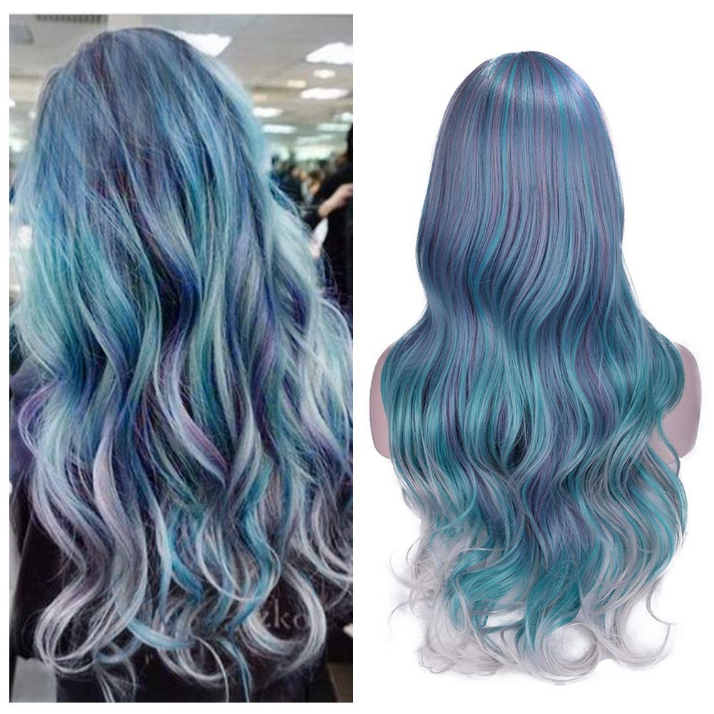 Amazon Com Lady Hanne Ombre Hair Wavy Wigs Mixed Violet Light Blue Light Green Gray Color Curly Wave Hair Middle Part Long Wavy Wig Heat Resistant Synthetic Daily Party Wig For Women