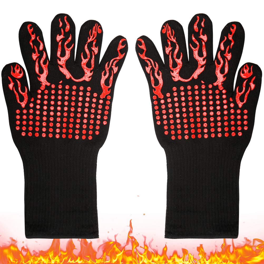 BBQ Grill Gloves 1 Pair, Heat Resistant Kitchen Oven Mitts Potholder, Silicone Non-Slip Insulated Cooking Hot Gloves for Barbecue, Baking, Welding, Fireplace, Cutting and Outdoor Camping