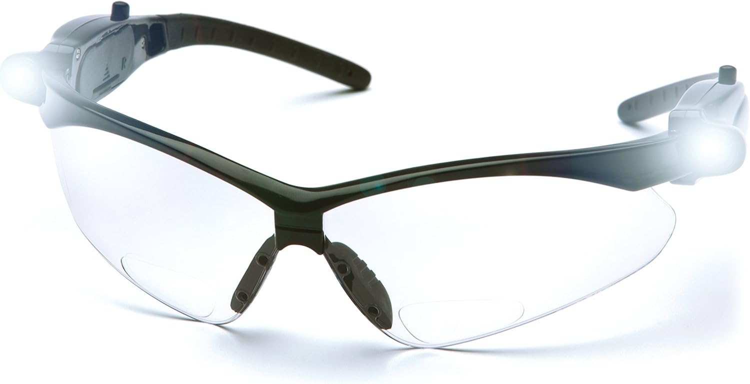 Pyramex PMXTREME Readers Bifocal Safety Glasses Eye Protection, Clear +2.5 Bifocal Lens, LED Temples