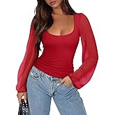 REORIA Womens Sheer Mesh Long Sleeve Scoop Neck Slim Trendy Going Out Tops Dressy Blouse