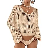 Bsubseach Womens Crochet Crop Top Beach Swimsuit Cover Up Long Sleeve Hollow Out Bathing Suit Cover Ups