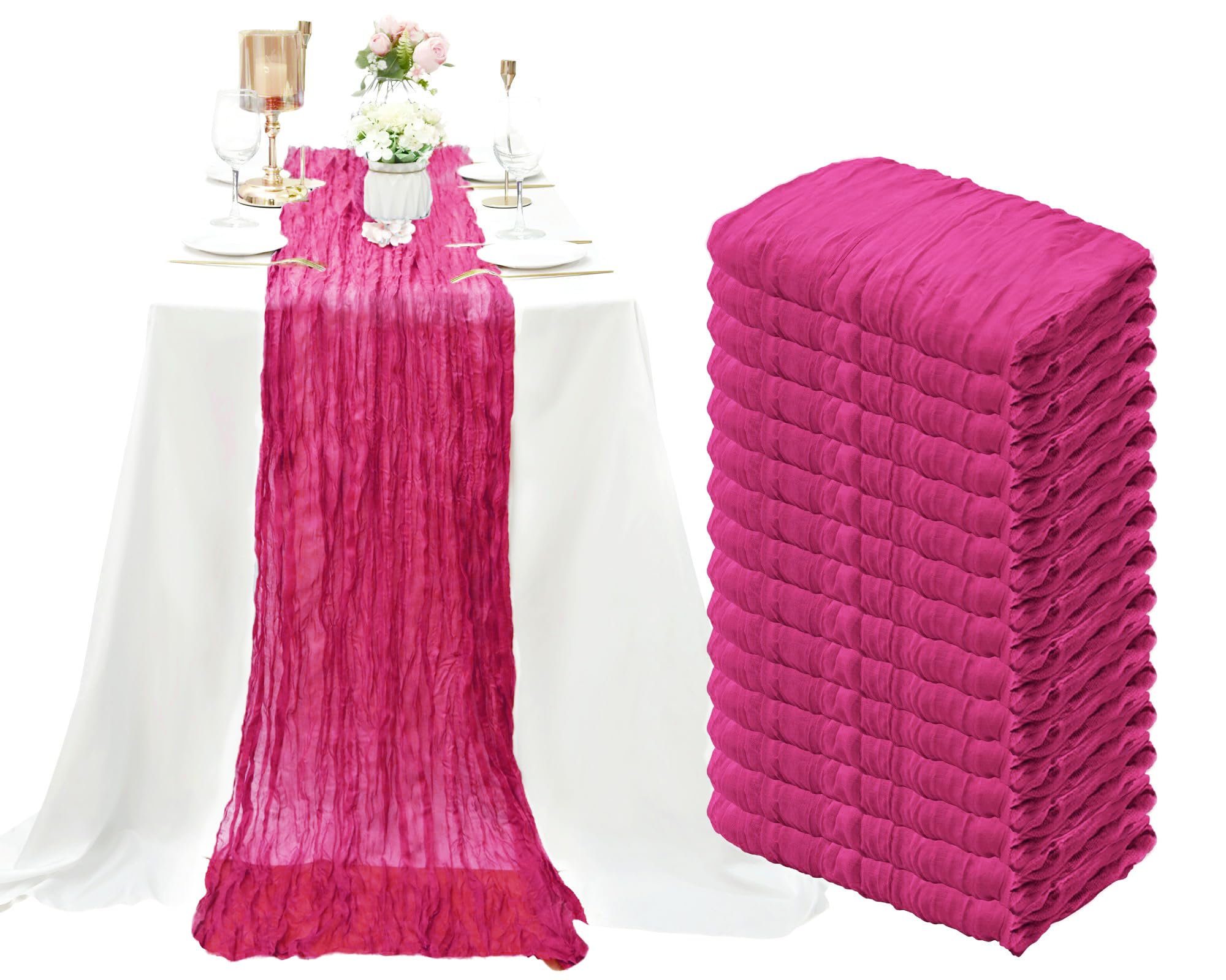 15 Pack Cheesecloth Table Runner 10Ft Gauze Cheese Cloth Table Runner 35 x120 Inch Boho Table Runners Holiday Table Cloth for Wedding Birthday Party Baby Bridal Shower Reception Table Décor(Hot Pink) Image