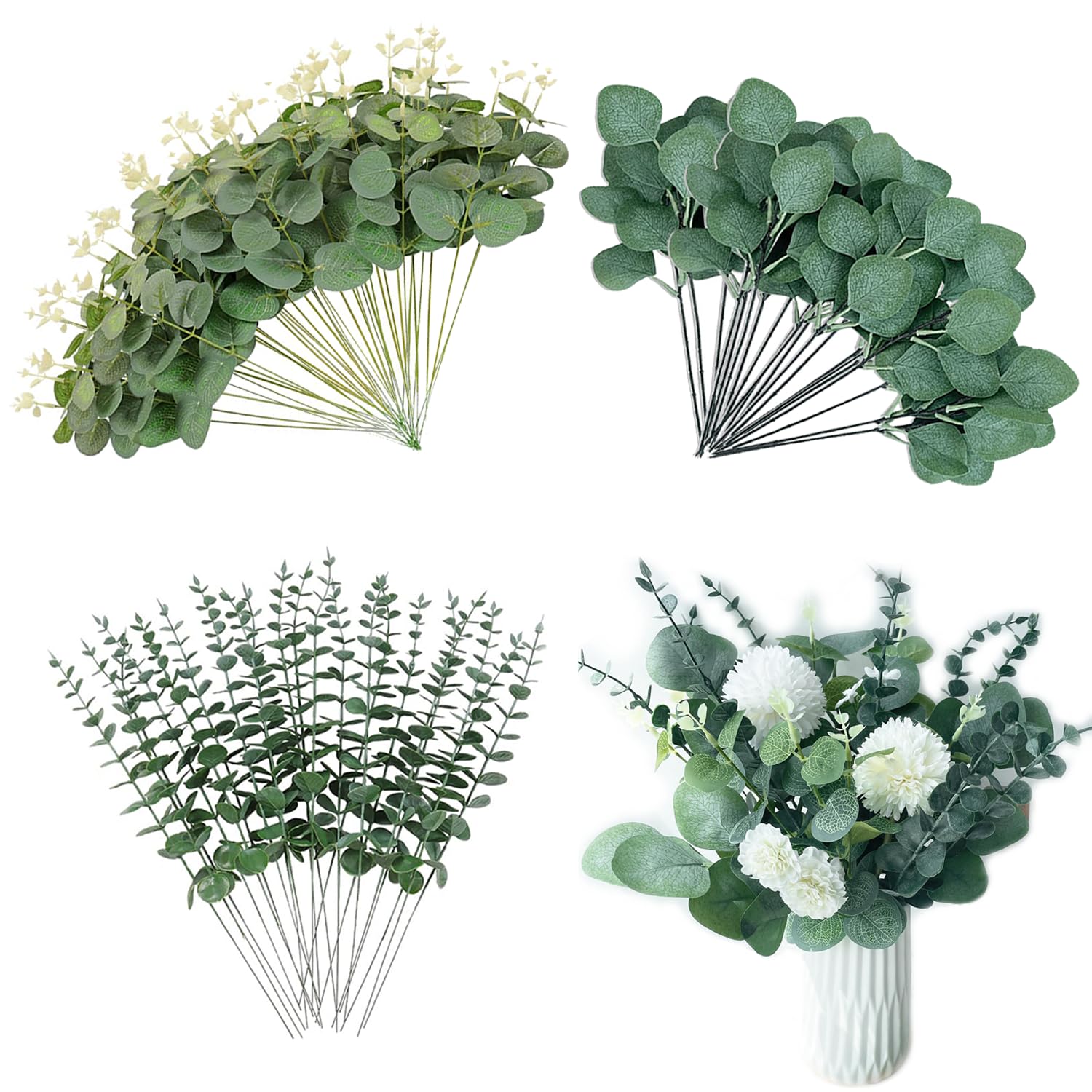 RHQFDM 30 Pieces Artificial Eucalyptus Branches Green Plastic Plants Eucalyptus Decoration Artificial Branches Leaves Decoration for Weddings,Gardens,Office Decorations（3 Styles）