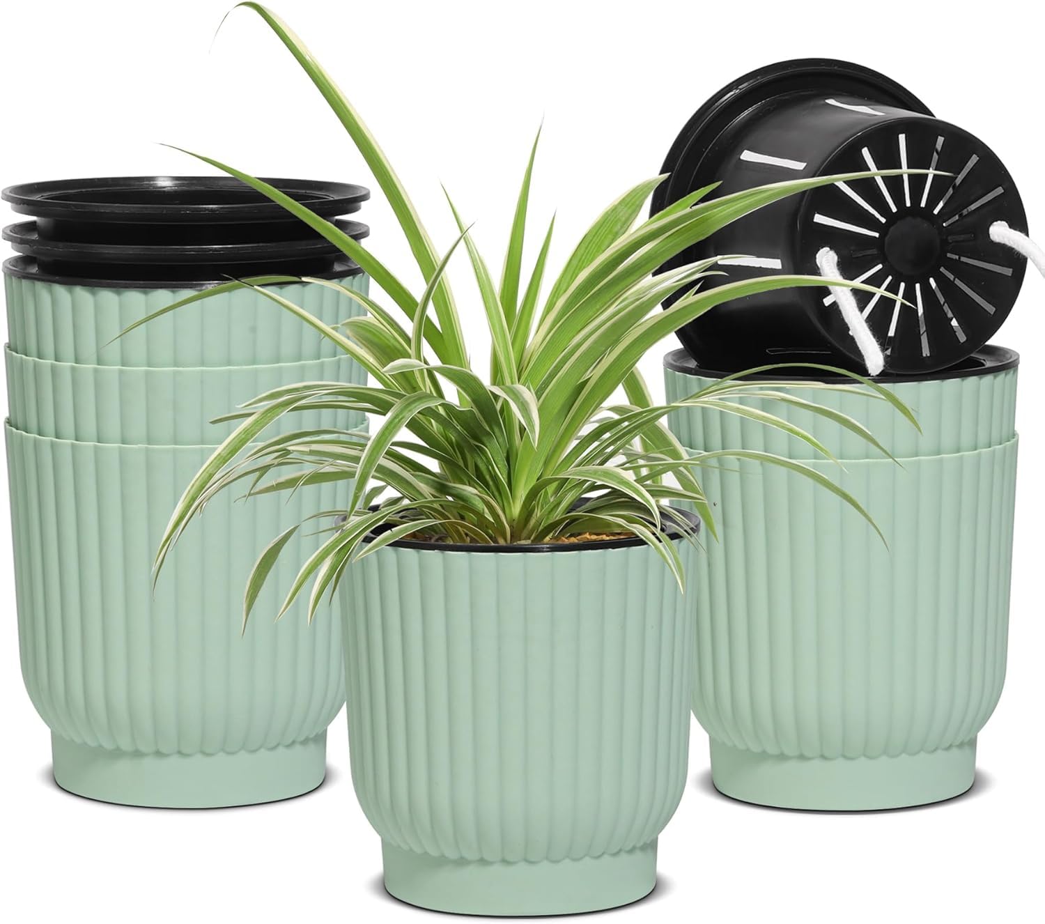 T4U 11.5cm Self Watering Plant Pots Indoor, 6 Pack Small Indoor Plant Pot, Green Plastic Flower Pots, House Plant Pots for Indoor Plants, Succulent, Cactus, African Violets, Spider Plants