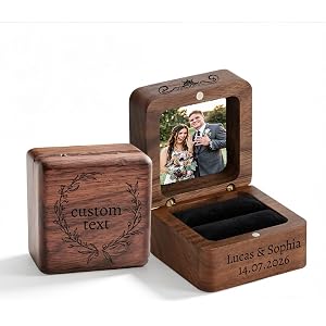 Personalized Wooden Ring Box Custom Name Date Photo for Engagement Wedding | Wooden Ring Holder with Velvet Liner Portable Co