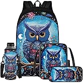 Yuresuaet Owl School Backpack Set 4 Pcs with Pencil Case Lunch Box Water Bottle Holder MultiPurpose Comfortable Kids Backpack for for Kindergarten Elementary School Students Lunch Bag for Boy 5-7