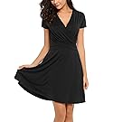 Finejo Women's Slimming Short Sleeve Empire Waist Knee Length Wrap Dress(X-Large, Black)