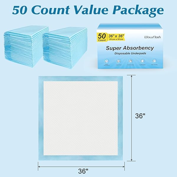 50 COUNT 36″ X 36″ SUPER ABSORBENCY DISPOSABLE UNDERPADS – LEAKPROOF QUICK DRYING PADS FOR BABY, PUPPY & ADULTS, BED PADS, INCONTINENCE & DOG PEE