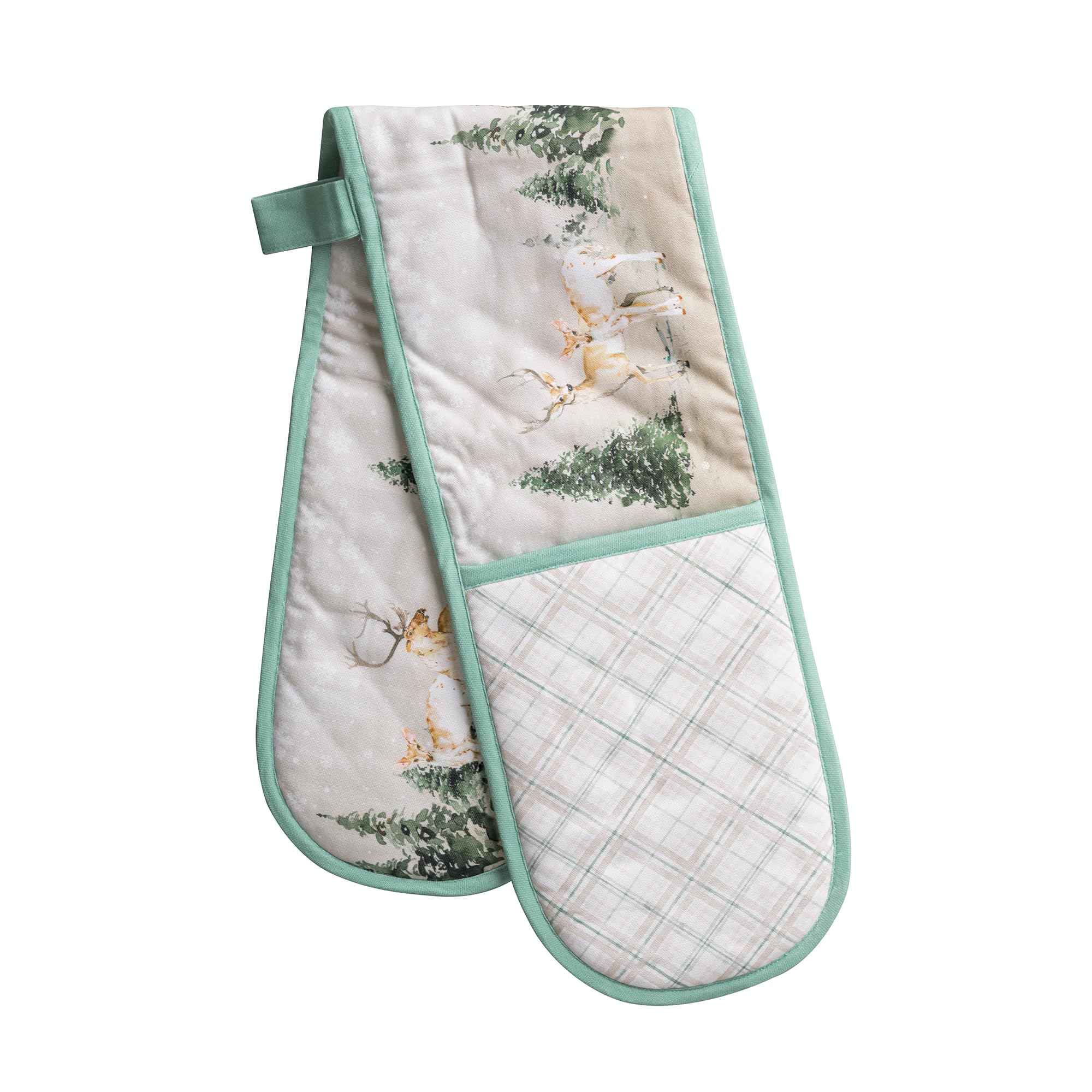 Maison d' Hermine Double Oven Mitt (18 cm x 89 cm) 100% Cotton Heat Resistant BBQ Cooking Gloves with Loop for Christmas Decorations Baking Cooking Barbeque Handling Hot Pan (Deer in The Woods)