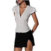 Floerns Women's Polka Dots Puff Sleeve Blouse Top V Neck Retro Button Down Shirts