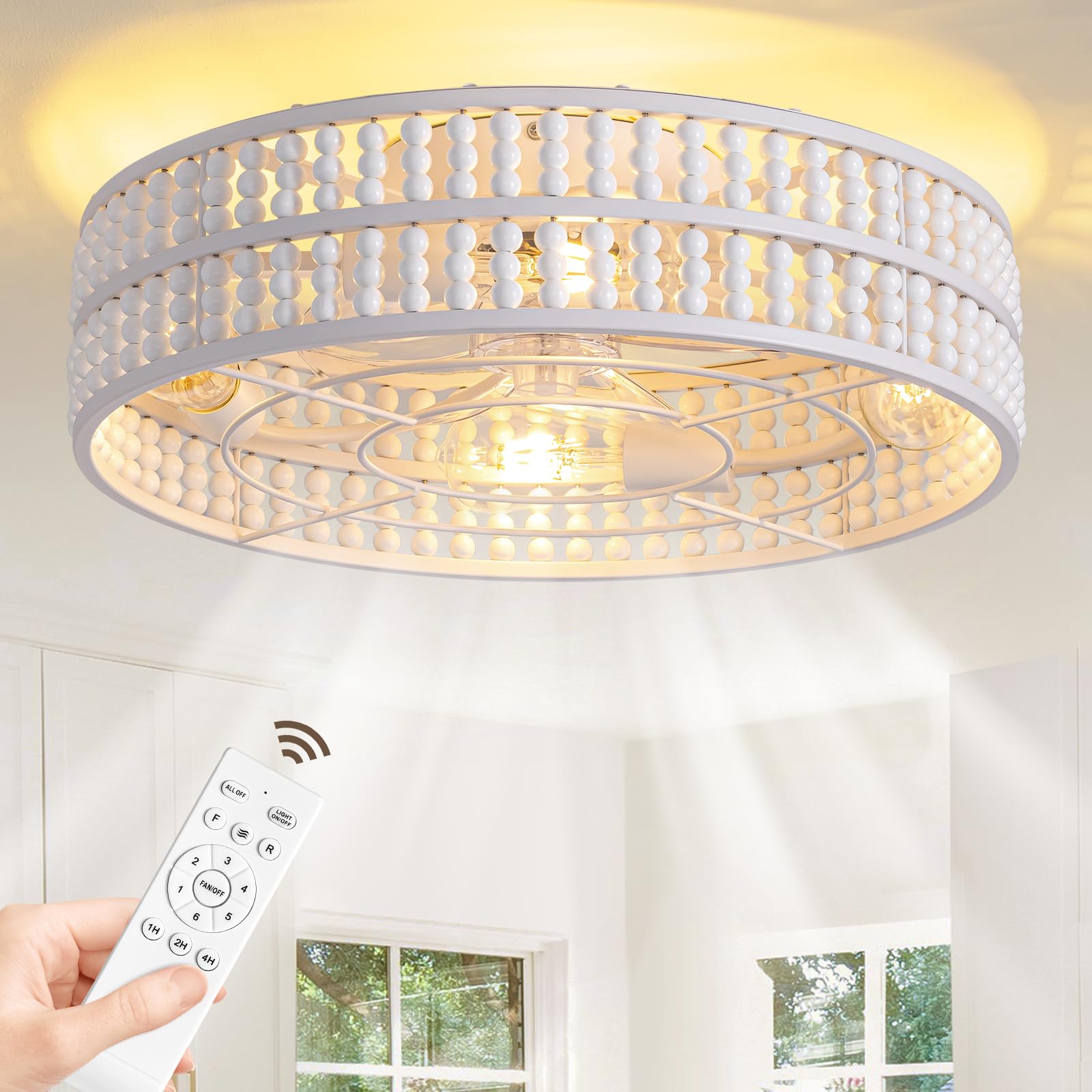 Photo 1 of 19 inch Caged Ceiling Fan with Light Ceiling Fans with Lights for Nursery Enclosed Chandelier Ceiling Fans for Kids Boho Wood Beaded Fandelier 6 Speed Flush Mount Wood Beads Fandelier for Bedroom