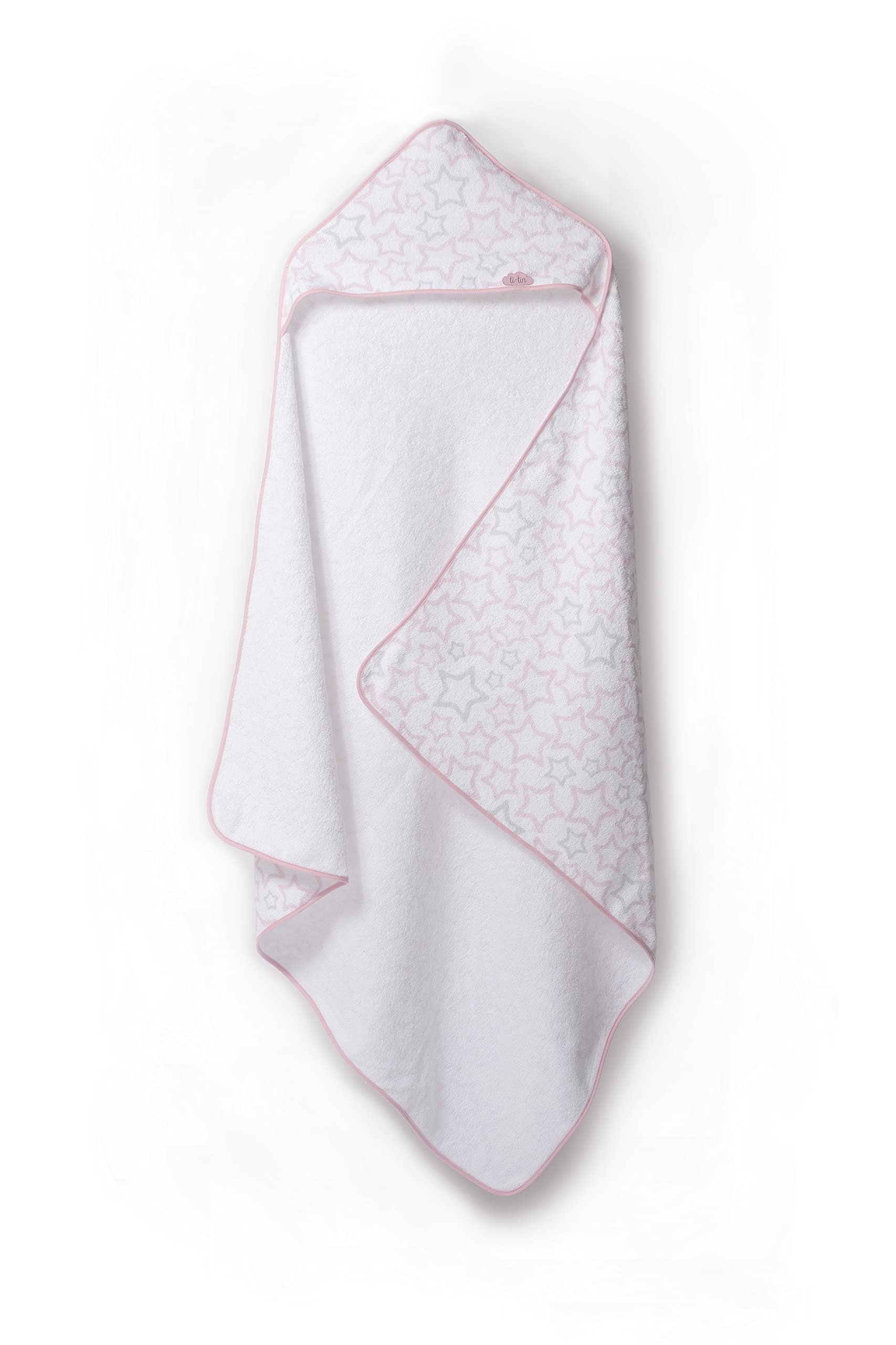 Ti TIN | Baby Bath Cape, 100 x 100 cm | Soft, Comfortable, Absorbent Bath Towel - 90% Cotton 10% Polyester - Terry Cloth - Star Design - Pink and White - 340 g/m²