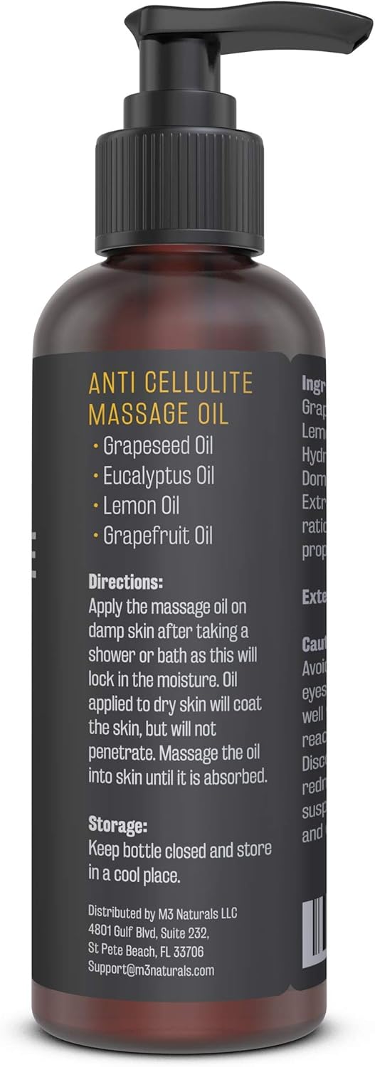 M3 Naturals Anti Cellulite Massage Oil Infused with Collagen and Stem Cell - Natural Lotion - Help Firm, Tighten Skin Tone - Treat Unwanted Fat Tissue, Stretch Marks - Cellulite Removal Cream 8 oz: Health & Personal Care