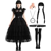 jiobabe 6pcs Cute Adult Halloween Costumes Set for Women Family Party | Gothic Costume Set with Soft Breathable Cute Black Dress Complete Accessories Wig Necklace Hairpin Stockings