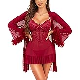 RSLOVE Lingerie Sets for Women Sexy - 2 Piece Babydoll & Lace Kimono Robe Set Strap Chemise Sleepwear Mesh Nightgown Ruffled