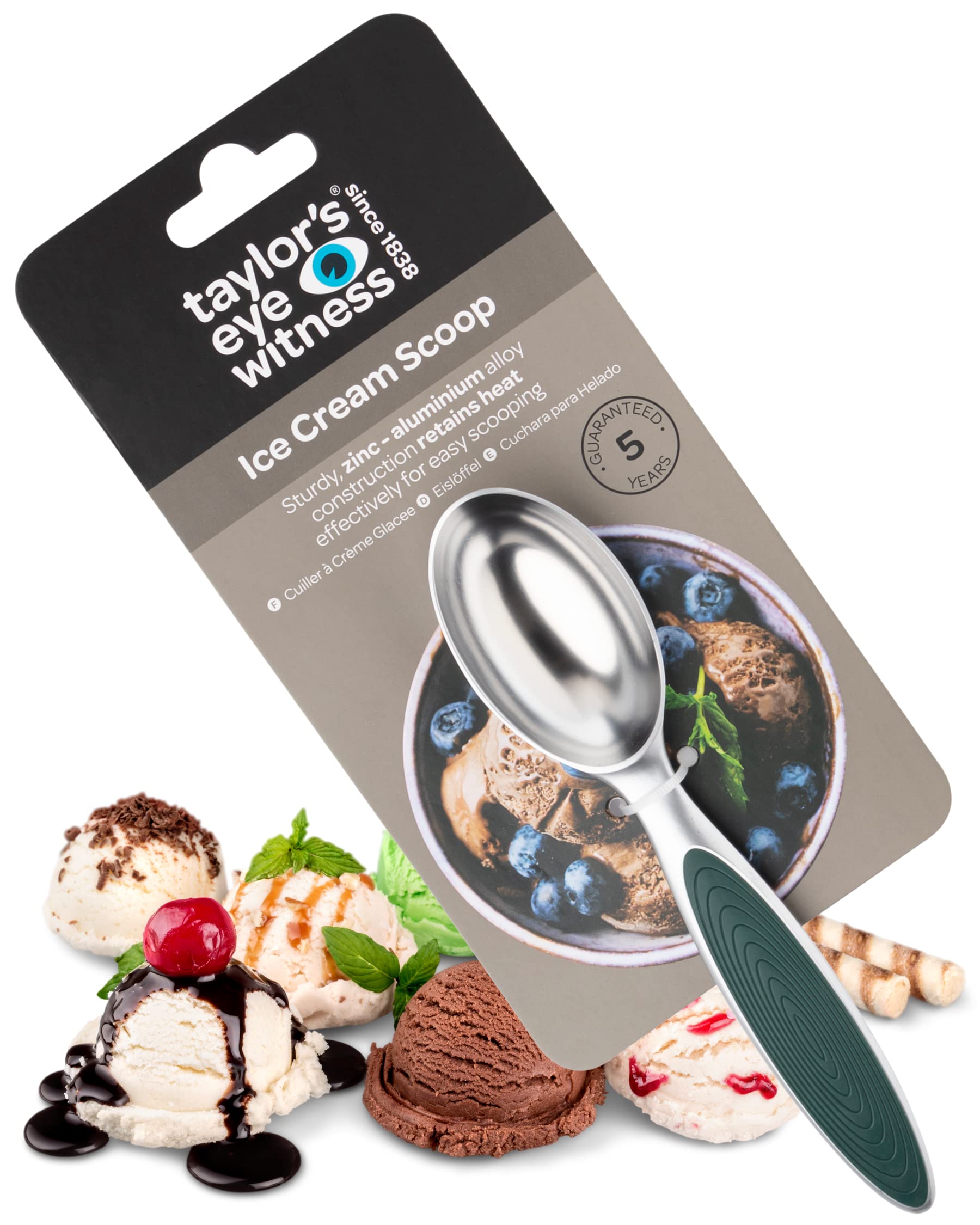 Aluminum Spoon Ice Cream Scoop - Taylor Eye Witness. Easy to use. Green Coloured Accessory for Tackling Frozen Dessert, Dishwasher Safe. Suitable Tool for Making Balls Out of Melon and Other Fruit