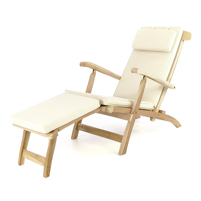 Divero eleganter Deckchair Florentine Liegestuhl Steamer Chair Teakholz unbehandelt inkl. Liegenauflage mit Kopfteil Creme wa