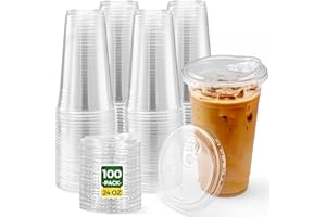 Glotoch Express Clear Plastic Cups with Lids, [100 Sets - 24oz] Disposable Crystal Iced Coffee Cups - Strawless Sip Lids - Sturdy To Go Cup for Smoothie, Cold Drinks, Juice