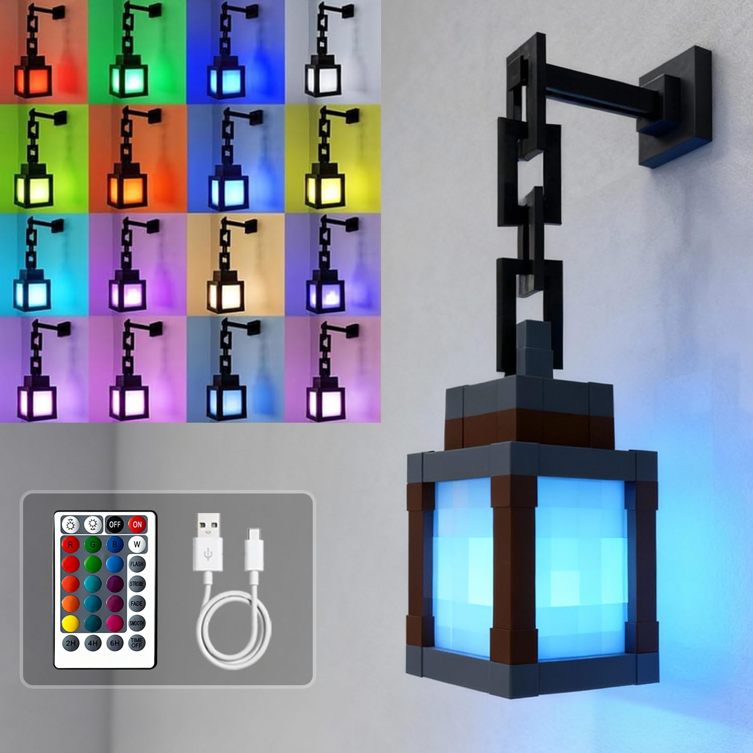 LOUHH Pixelated Lantern Night Light, 16 Color LED Wall Night Light with Remote Control - Rechargeable Retro Pixel Style Table Lamp for Game Room Kids Room Decor and Children's Gifts Image