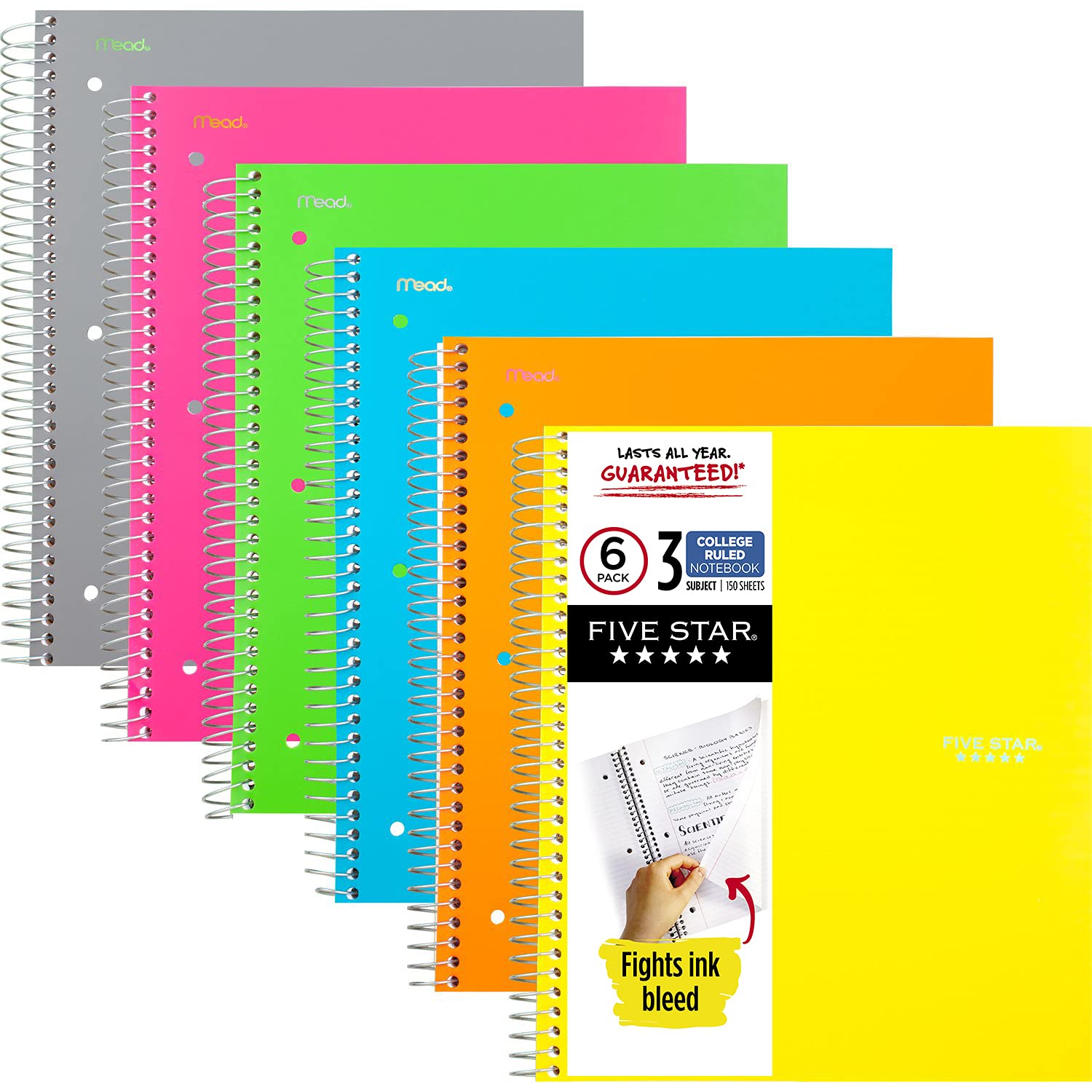 Five Star Spiral Notebooks, 3 Subject, College Ruled Paper, 150 Sheets, 11" x 8-1/2", Assorted Colors, 6 Pack (73479)