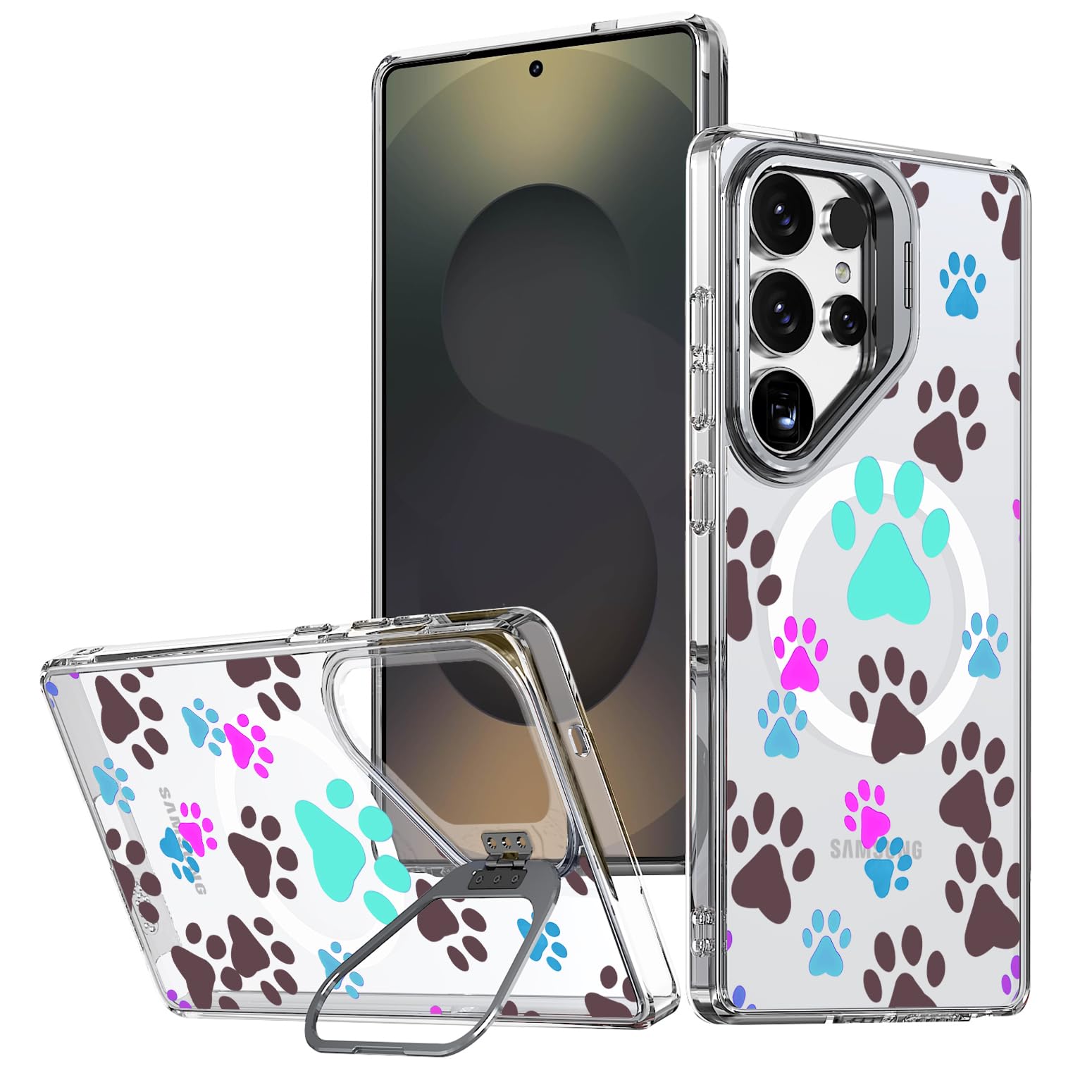 Ecute Strong Magnetic Slim Drop Protective Case with Camera Ring Kickstand for Samsung Galaxy S25 Ultra - Color Dog Paw