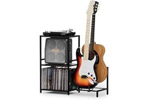 YAKANJ End Table with Guitar Stand,Record Player Stand,Vinyl Records Storage,2-Tier Guitar Stand for Acoustic, Electric Guitar,Bass,Turntable Stand Side Table for Music Room Studio Living Room-Black