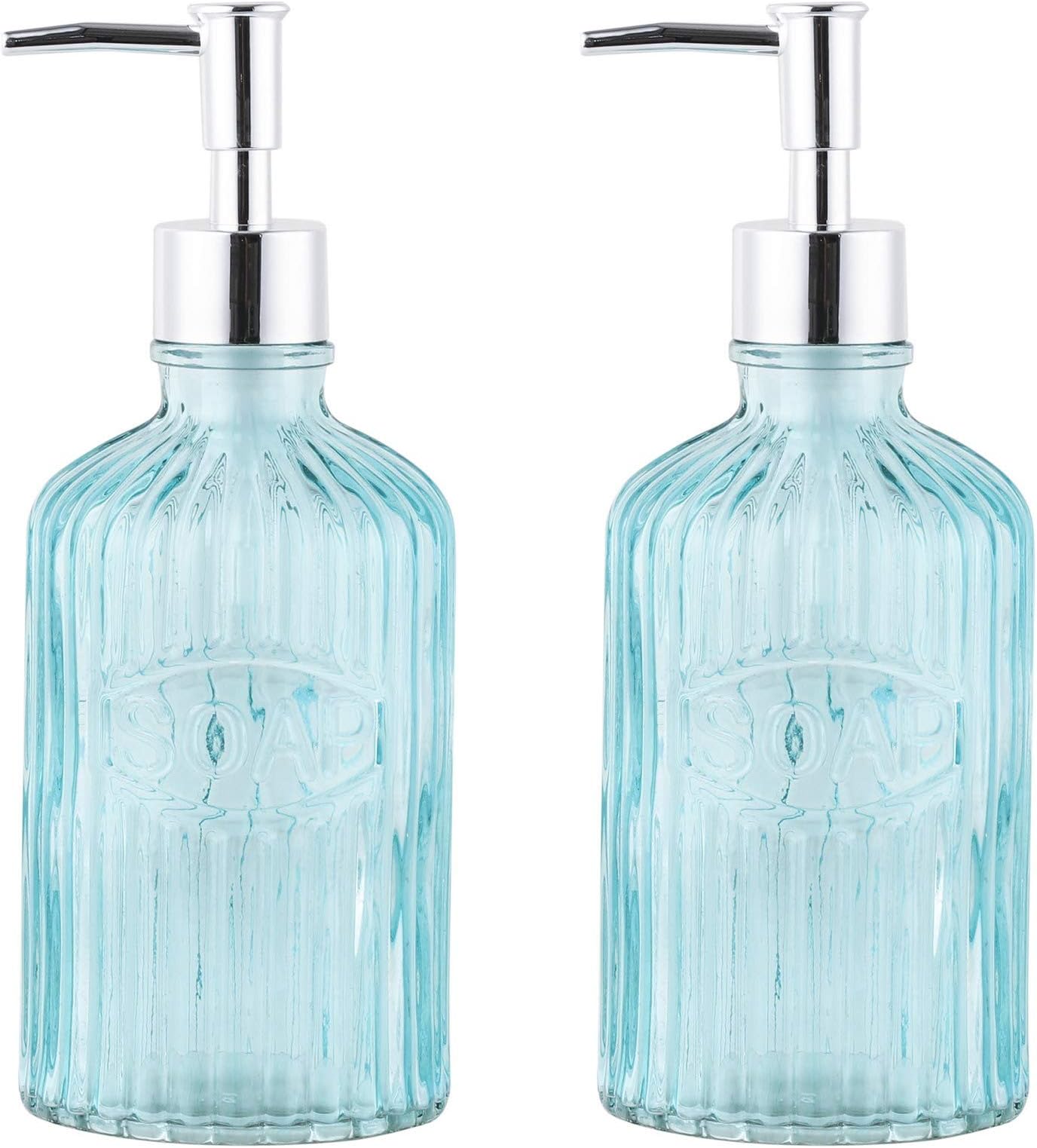 Glass Lotion Dispenser-Soap Bottles with Plastic Pump-16OZ-Set of 2 (Light Blue)